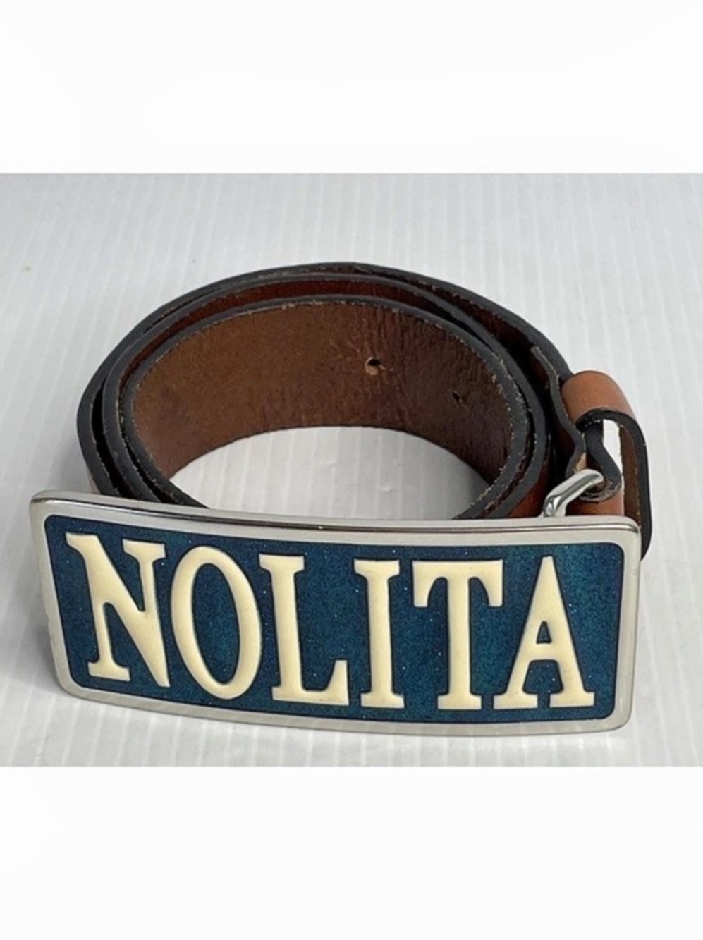 Nolita Brown leather belt made in Italy Womens Size EU 40 Sparkle Blue Buckle